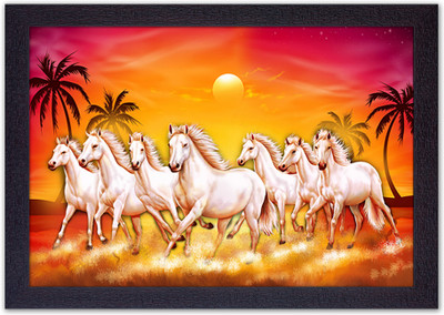 Masstone Lucky Seven Running Horses Vastu UV Sugar Matt Textured Effect Framed HD Digital Reprint 14 inch x 20 inch Painting(With Frame)