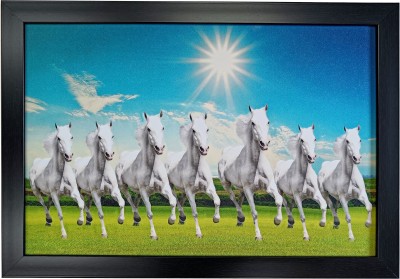 Elegance Vastu 7 Running Horses on Grass wall painting frame Digital Reprint 13.75 inch x 19.75 inch Painting(With Frame)