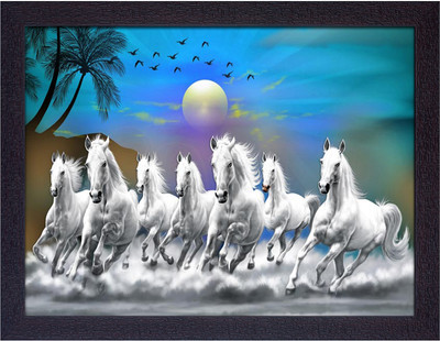Masstone Vastu Seven Running Horses Lucky UV Textured Effect Framed HD Digital Reprint 11 inch x 14 inch Painting(With Frame)