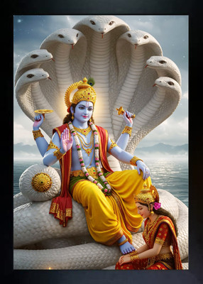 AVTRADERS Anant Shayan – Lord Vishnu on Sheshnag Throne (10 Inch x 14 Inch) Religious Frame