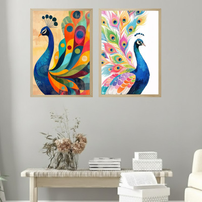 Tasvirra Modern Peacock Wall Art - Colorful Abstract Art Print Set (Pack of 2) Digital Reprint 12 inch x 9 inch Painting(With Frame, Pack of 2)