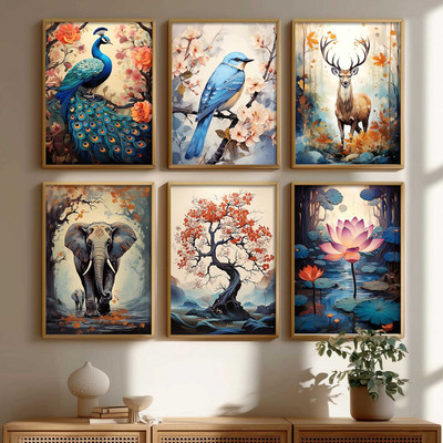 KOTART Animal wall paintings for home decor, Wall poster with frames PaintingKSBR124 Digital Reprint 13 inch x 10 inch Painting(With Frame, Pack of 6)