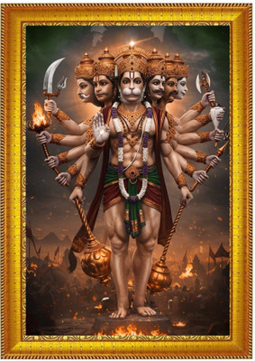 Dekofy Supreme Panchmukhi Hanuman Multi-Armed Protector | Gold Framed Art Digital Reprint 12 inch x 9 inch Painting(With Frame)