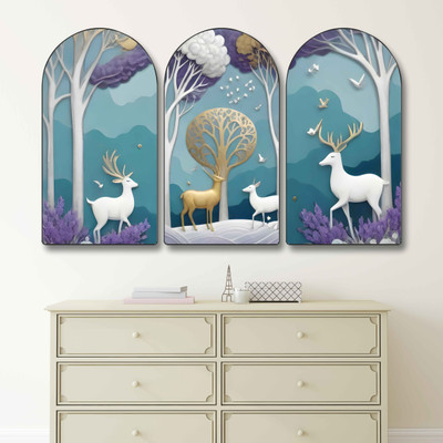 SAF PRINT Golden & White Deer in Forest Wall Décor | Modern Nature Art for Home Pack of 3(30 inch X 50 inch, Brown)