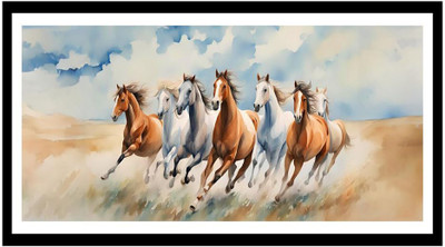 DECORSMANTRA Seven Horses Running in Desert Vastu Painting for Home & Office Décor|HAFRM024 Digital Reprint 10 inch x 18 inch Painting(With Frame)