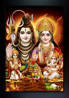 CrowdHall Shiv Parivar Photo Frame For Puja Room, Wall ,Office Digital Reprint 13.5 inch x 10 inch Painting(With Frame)