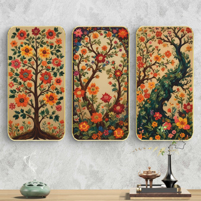 Aartify Set of 3 Floral Tree Wall Art | Colorful Blossoms & Golden Border Digital Reprint 20 inch x 30 inch Painting(With Frame, Pack of 3)