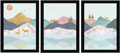FRIZZY ARTS Abstract Mountain and Deer Triptych Digital Reprint 13 inch x 10 inch Painting(With Frame, Pack of 3)