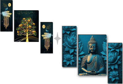 HALRE Set Of 2 Flower Pots With Lord Buddha Wall Paintings For Living Room Digital Reprint 12 inch x 18 inch Painting(Without Frame, Pack of 6)