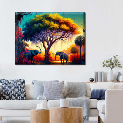 Exsha Vibrant African Elephants Wildlife Canvas Wall Painting for Home Décor Canvas 18 inch x 24 inch Painting(With Frame)