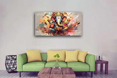 Aadee craft Colorful Lord Ganesha Wall Art – Modern Skyline Reflection Canvas (24x48 Inch) Canvas 24 inch x 48 inch Painting(Without Frame)