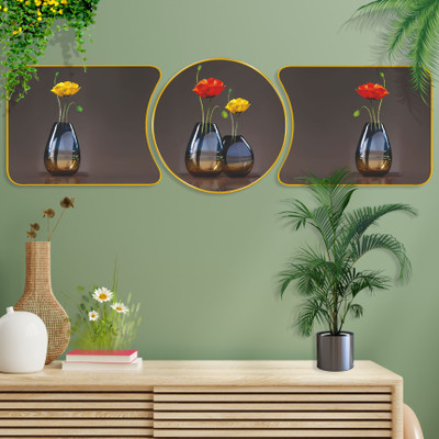 saf Flower Pot Crystal Embedded High Gloss Mirror Finished Golden Slim Frame Digital Reprint 48 inch x 16 inch Painting(With Frame, Pack of 3)