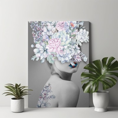 Painting Mantra Stretched On Frame Painting Flower with Lady Art , Decorative Home Abstract Art Canvas 22 inch x 16 inch Painting(Without Frame)