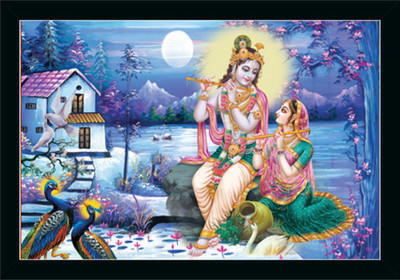 Dharvika Prime Radha krishna photo frame with sparkle coated lamination Digital Reprint 14 inch x 20 inch Painting(With Frame)