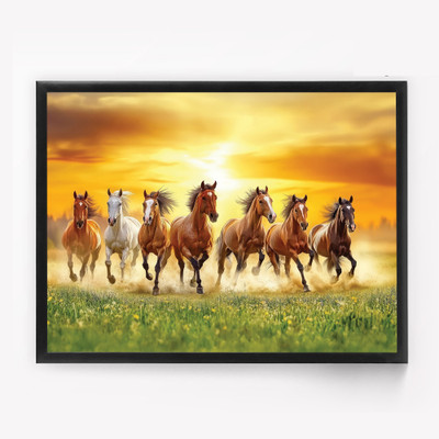 DECO THE HOME 7 Running Horses Vastu Art Frame | Positive Energy & Good Luck Wall Decor Digital Reprint 12 inch x 9 inch Painting(With Frame)