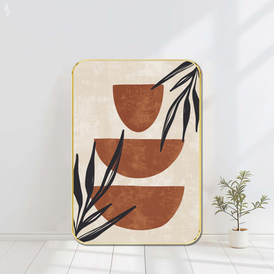saf Boho Abstract Wall Art | Terracotta Bowl Stack with Botanical Accents Digital Reprint 24 inch x 18 inch Painting(With Frame)