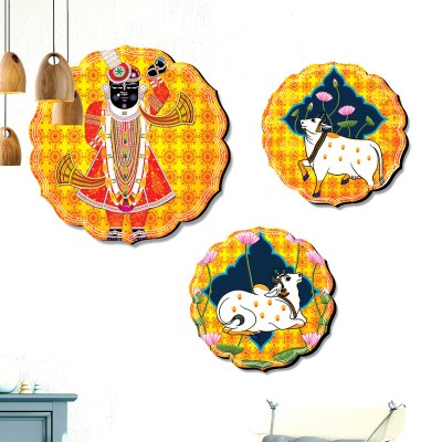 saf Round Shape Set of 3 Shree Nath Ji MDF Painting for Home Décor JLR46-S2L1 Digital Reprint 12 inch x 12 inch Painting(Without Frame, Pack of 3)