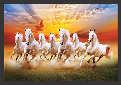 JETAL Vastu Shastra 7 Horses Wall Frame 9x12.5,Bring Speed, Wealth & Good Luck(Size A4 Digital Reprint 9 inch x 20 inch Painting(With Frame)