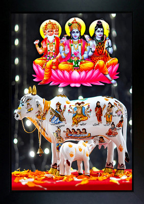 CrowdHall Kamdhenu Cow photo frame / Kamdhenu Cow with Brahma Vishnu Mahesh Digital Reprint 13.5 inch x 10 inch Painting(With Frame)