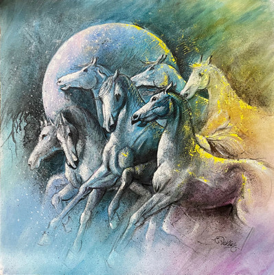 Artacestudio Seven Lucky Horses | 24 X 24 Inches | Abstract Surreal Handmade Painting Canvas 24 inch x 24 inch Painting(With Frame)