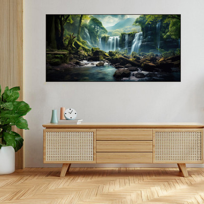 nestroots Serene Forest wild Waterfall | Black Floating Frame | 12X24 Canvas 24 inch x 12 inch Painting(With Frame)