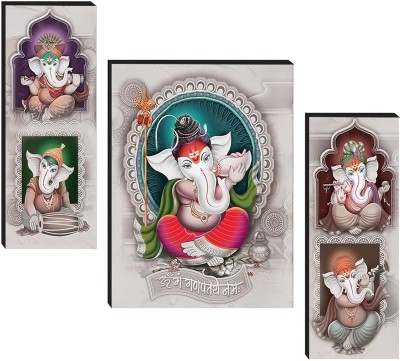 Masstone Lord Ganesha Religious Three Piece MDF Painting Digital Reprint 12 inch x 18 inch Painting(With Frame, Pack of 3)