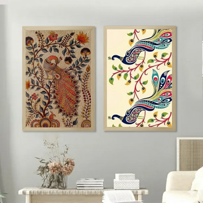 Tasvirra Pack of 2 Indian Art Prints: Vibrant Peacock & Floral Wall Décor Digital Reprint 12 inch x 9 inch Painting(With Frame, Pack of 2)