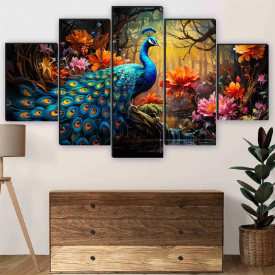 saf peacock nature theme for living room, wall decoration Digital Reprint 18 inch x 30 inch Painting(Without Frame, Pack of 5)