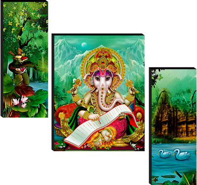 saf Ganesh Ji MDF Wall Paintings | Hindu God Art with Nature Theme | Decorative Digital Reprint 12 inch x 20 inch Painting(Without Frame, Pack of 3)