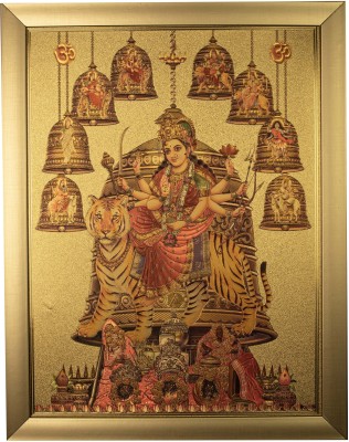 Anaadi Maa Durga | Maa Sherawali Thick Paper Golden Glitter Print Wall Décor Painting Digital Reprint 12 inch x 18 inch Painting(With Frame)