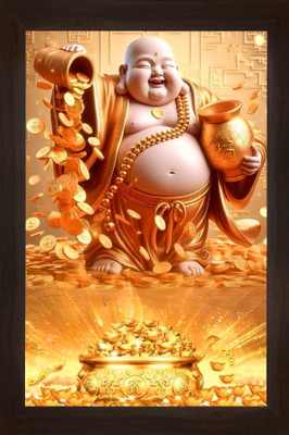 Threestar laughing buddha 10x14 inch photo with frame Natural Colors 14 inch x 10 inch Painting(With Frame)