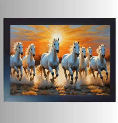DEKOVA 7 White Running Horses Painting | Decorative Wall Poster Frame Digital Reprint 9 inch x 12 inch Painting(With Frame)