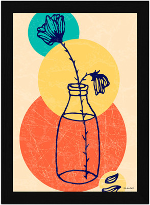 FRIZZY ARTS Retro Bloom – Minimal Flower in Bottle with Color Circles Digital Reprint 20 inch x 14 inch Painting(With Frame)