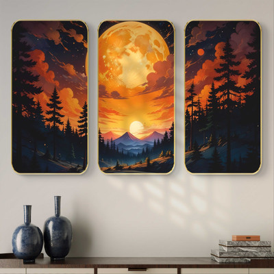 Aartify Set of 3 Golden Moon & Sunset Mountain Wall Art | Nature Landscape Digital Reprint 20 inch x 30 inch Painting(With Frame, Pack of 3)