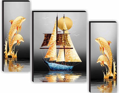 saf Golden Dolphins with Sailboat Wall Art | Marine-Themed Modern Artwork Digital Reprint 12 inch x 20 inch Painting(Without Frame, Pack of 3)