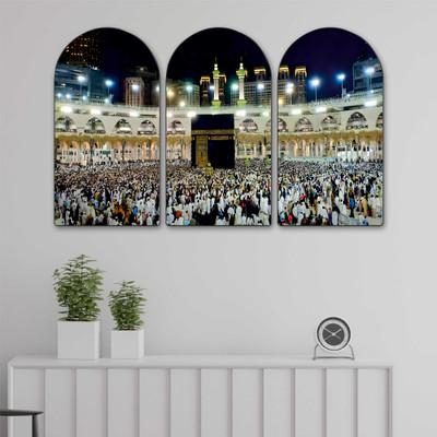 saf Kaaba Makkah Crowd Arch Shape Set of 3 MDF Framed Islamic Painting for Home Digital Reprint 24 inch x 36 inch Painting(With Frame, Pack of 3)