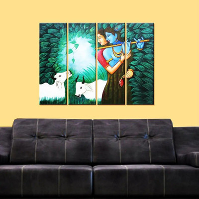 Dekorstation Radha Krishna in Forest 4 Pieces Religious Canvas Multiple Frame Wall Painting Canvas 24 inch x 36 inch Painting(With Frame)