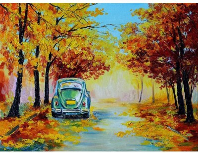 Pitaara Box 72.644 cm Car In The Colorful Autumn Forest Unframed Glossy PVC Vinyl Wall Sticker Decal Self Adhesive Sticker(Pack of 1)