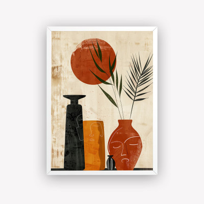DECO THE HOME Boho Abstract Vase & Sun Wall Art | Modern Minimalist Print in Black Frame Digital Reprint 12 inch x 9 inch Painting(With Frame)