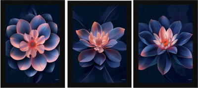 FRIZZY ARTS Modern Navy Floral Wall Art Digital Reprint 13 inch x 10 inch Painting(With Frame, Pack of 3)