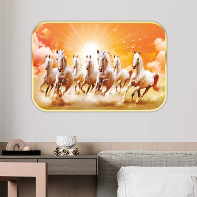 saf 7 Horses Large Sparkle Glossy Round Golden Framed Large Painting Digital Reprint 13.5 inch x 19.5 inch Painting(With Frame)