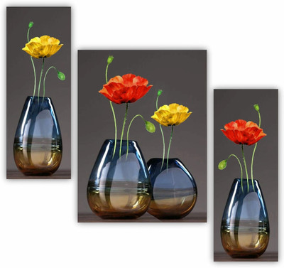 saf flower pot paintings with frame for home decor living room decoration Digital Reprint 18 inch x 12 inch Painting(With Frame, Pack of 3)