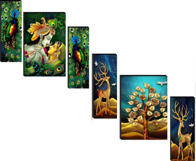 SNDArt Set Of 2 Radha Krishna With Modern Art Deer Wall Paintings For Living Room Digital Reprint 11.9 inch x 18 inch Painting(Without Frame, Pack of 3)