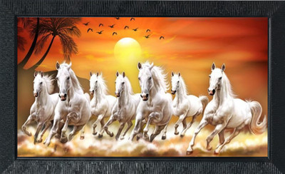 Tasvirra 7 Galloping White Horses Sunset Vastu Wall Art for Living Room & Office Digital Reprint 12 inch x 9 inch Painting(With Frame)