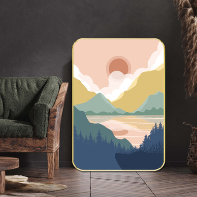 Aartify Sunset Valley Wall Art – Abstract Lake & Mountain Landscape Painting Digital Reprint 24 inch x 18 inch Painting(With Frame)