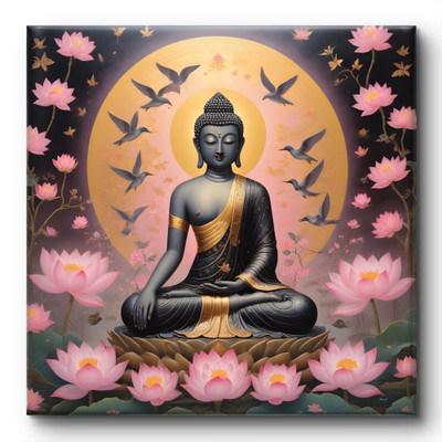 saf Wooden Framed Lord Buddha Canvas Wall decor Painting for Home and office Digital Reprint 24 inch x 24 inch Painting(With Frame)