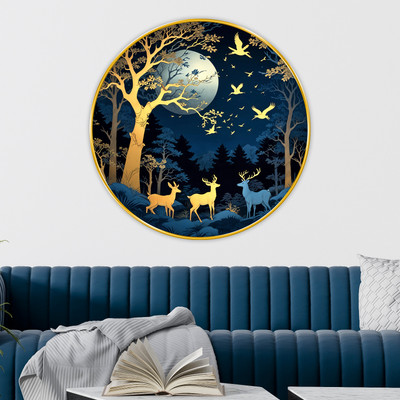 SAF PRINT Deer in Moonlight Wall Art | Round Golden Frame Painting with Forest Scene(Multicolor)
