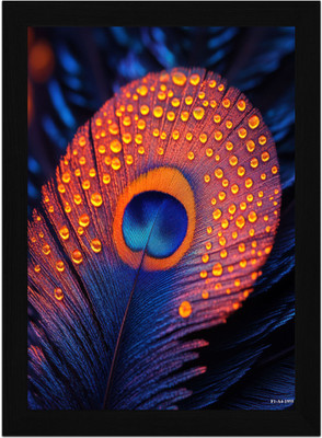 FRIZZY ARTS Peacock Feather Elegance – Vibrant Macro A4 Digital Reprint 13 inch x 10 inch Painting(With Frame)