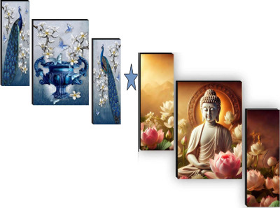 HALRE Set Of 2 Peacock Wall Painting With Lord Buddha Paintings For living Room Digital Reprint 11.5 inch x 17.5 inch Painting(Without Frame, Pack of 2)