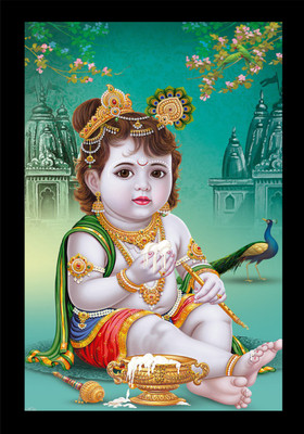 jog craft krishna ji painting| krishna ji photo frame|wooden art Digital Reprint 20 inch x 14 inch Painting(With Frame)